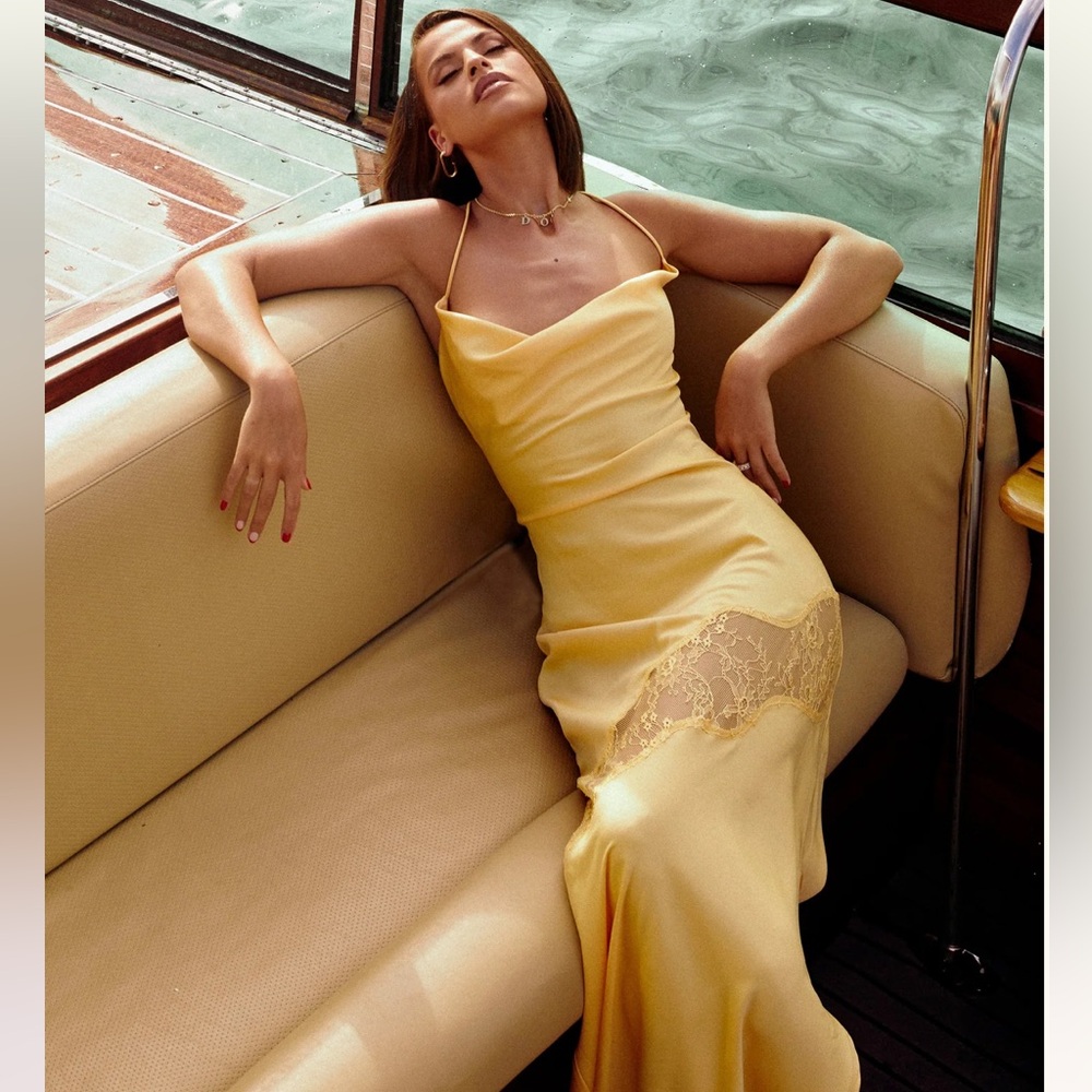 Meshki Chandra Lace Detail Satin Maxi Dress - Lemon